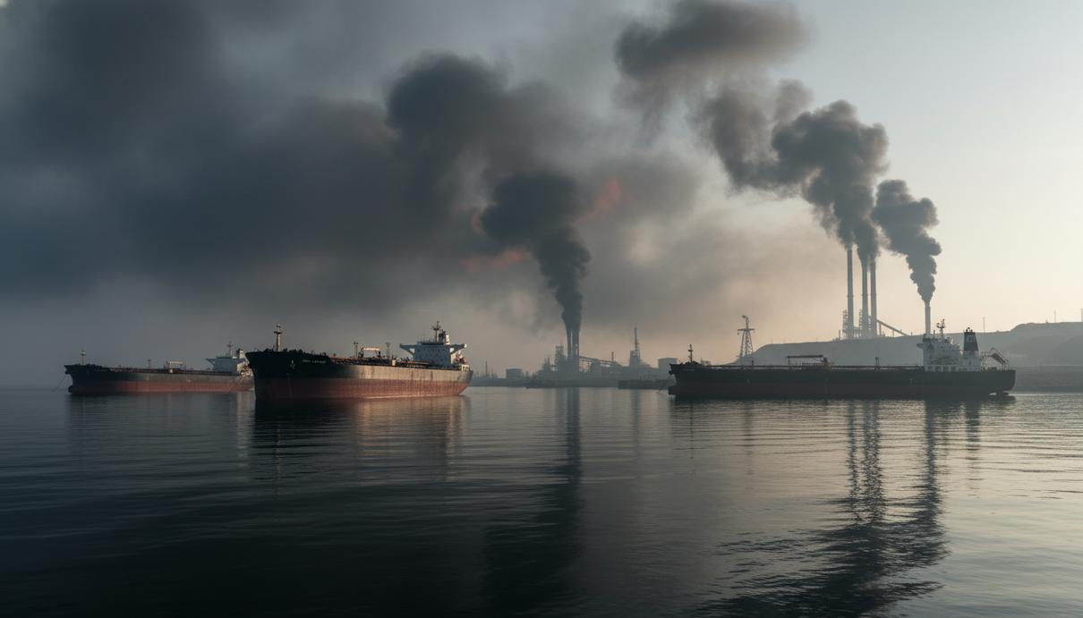 Нефтяные танкеры и сухогрузы на морском рейде на фоне задымленного побережья с терминалами