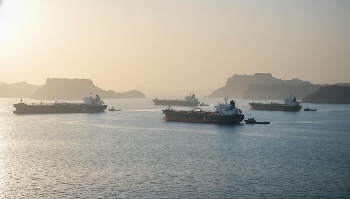 Нефтяные танкеры на якоре в море на фоне скалистых островов и дымки у горизонта