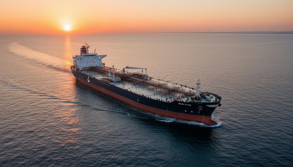 Крупный нефтеналивной танкер типа суэцмакс в открытом море на фоне заката