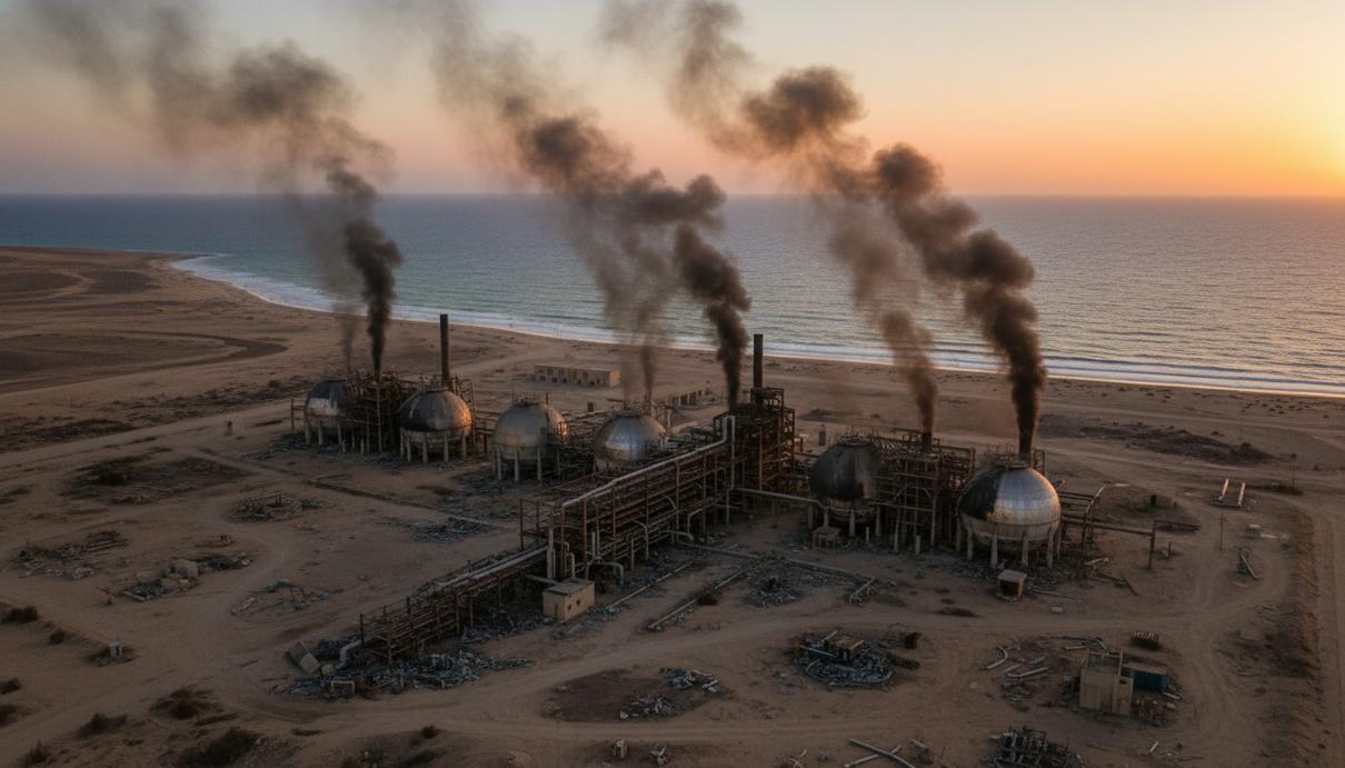 Вид на поврежденный промышленный терминал сжиженного природного газа и дым над портом на побережье