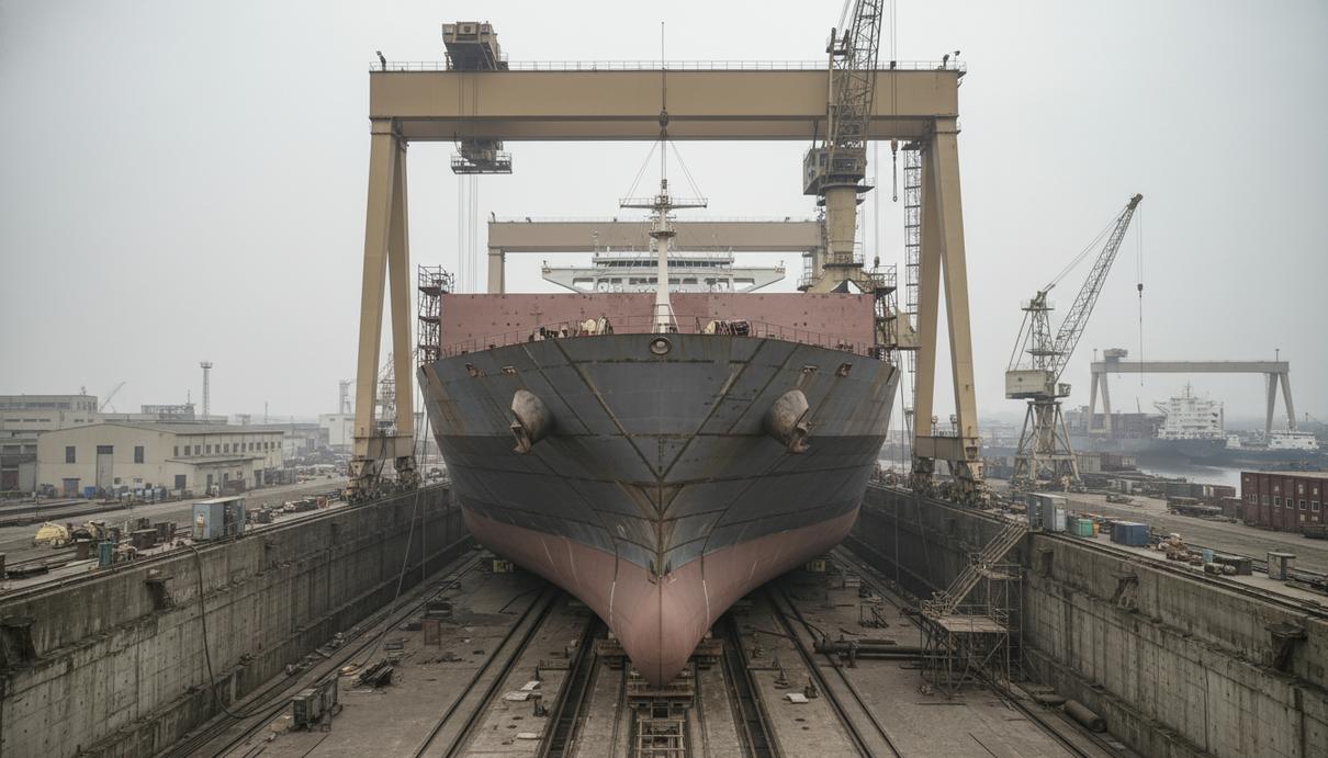 Крупное строящееся грузовое судно в сухом доке промышленной верфи на фоне кранов.