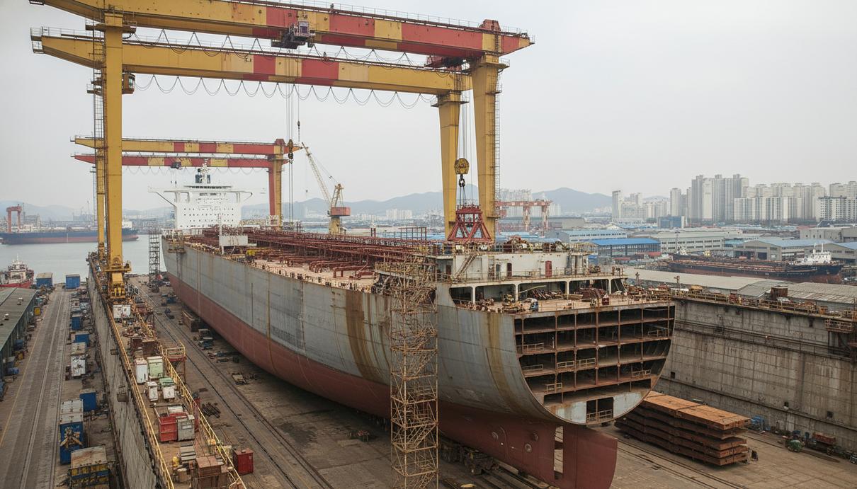 Процесс постройки крупного нефтеналивного танкера в сухом доке южнокорейской судоверфи