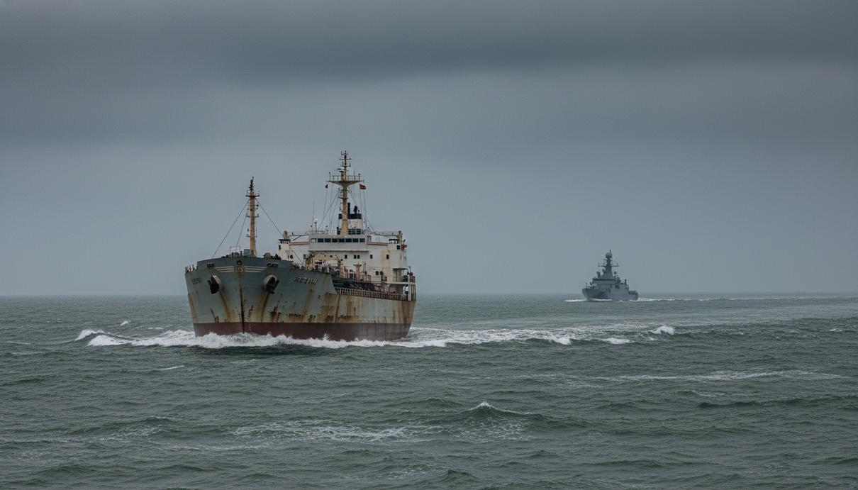 Нефтяной танкер и военный патрульный корабль в море в пасмурную погоду