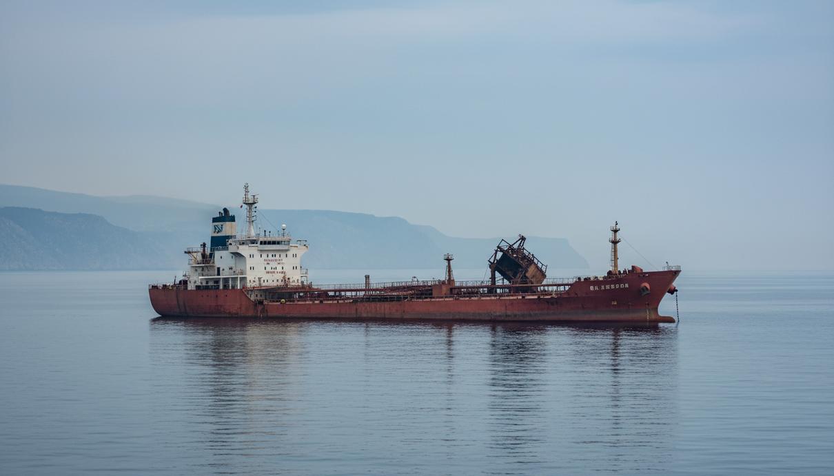 Нефтяной танкер с поврежденным корпусом и капитанским мостиком дрейфует в море вблизи берега