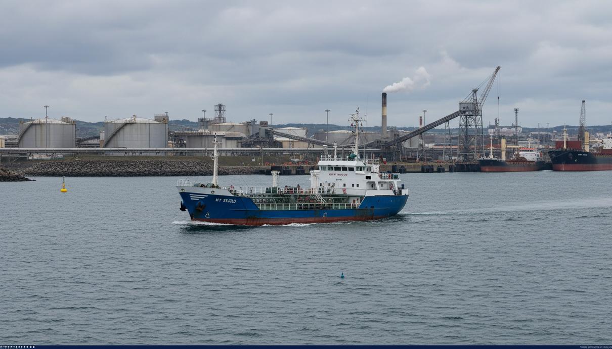 Танкер для перевозки химикатов в море на фоне береговой линии и портовых сооружений