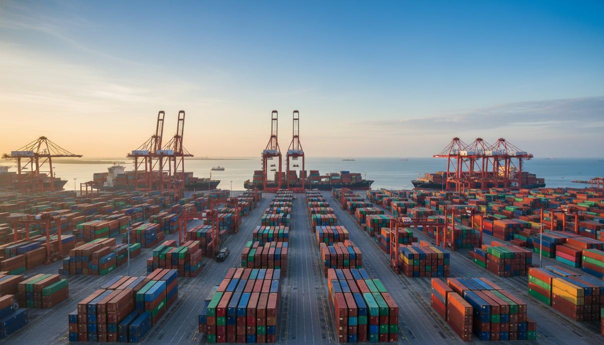 Многоярусные ряды морских контейнеров и высокие портовые краны на причале терминала Лаем-Чабанг в Таиланде.