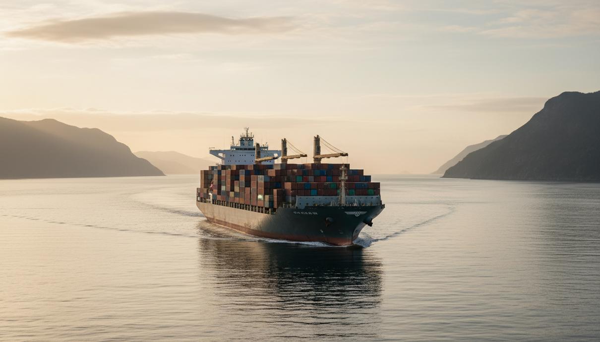 Грузовой контейнеровоз в море на фоне береговой линии и портовых кранов в дымке