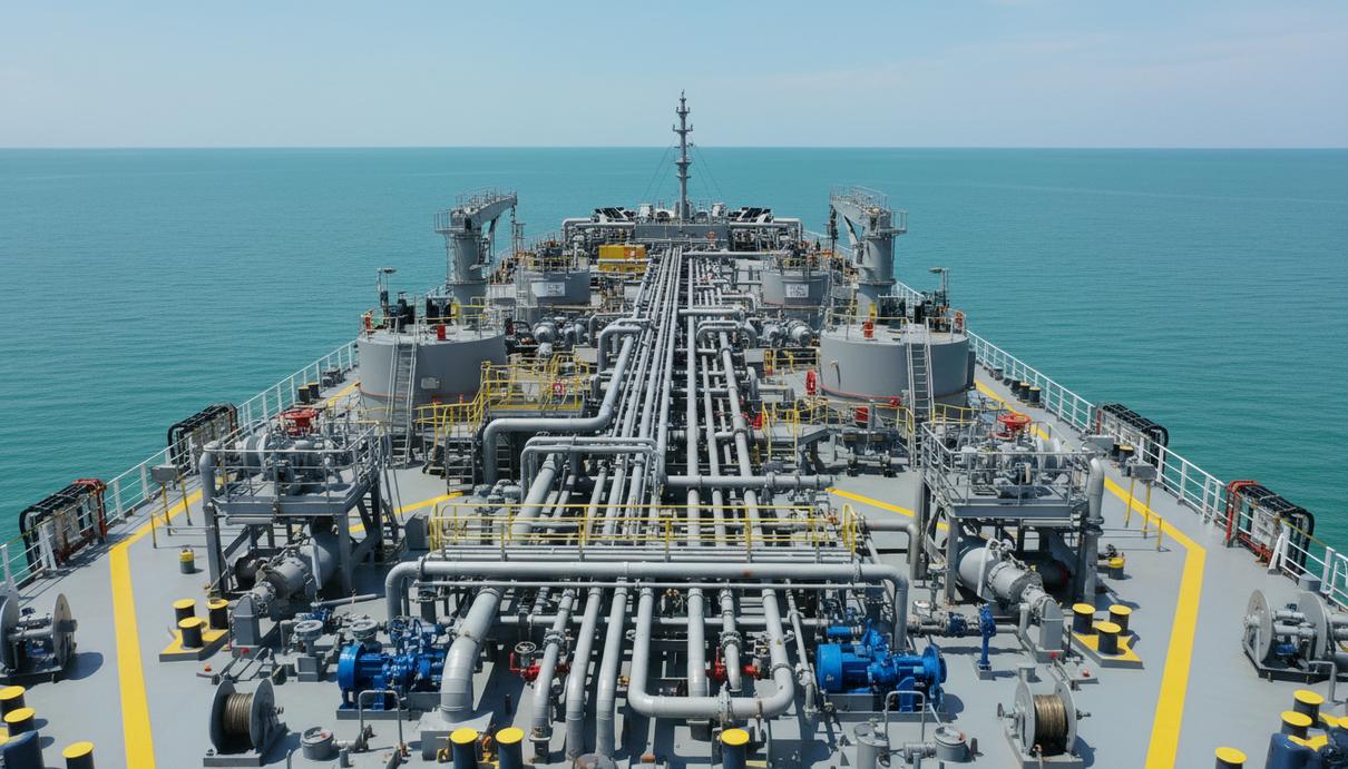 Танкер-продуктовоз в море, вид на палубу с промышленными трубами и оборудованием.