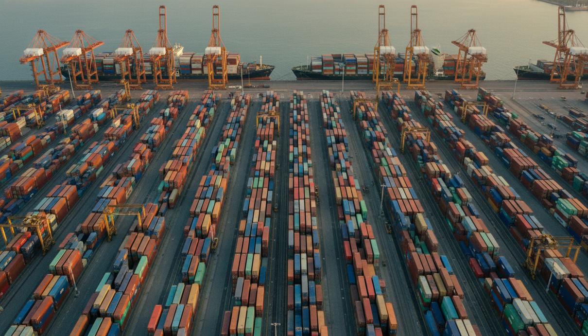 Грузовые контейнеры на территории морского терминала с портовыми кранами на заднем плане.