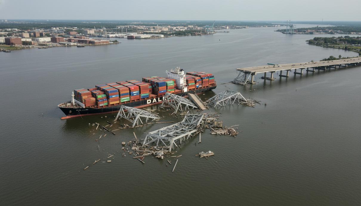 Обрушенный мост Фрэнсиса Скотта Ки и застрявший под металлическими фермами контейнеровоз Dali в Балтиморе