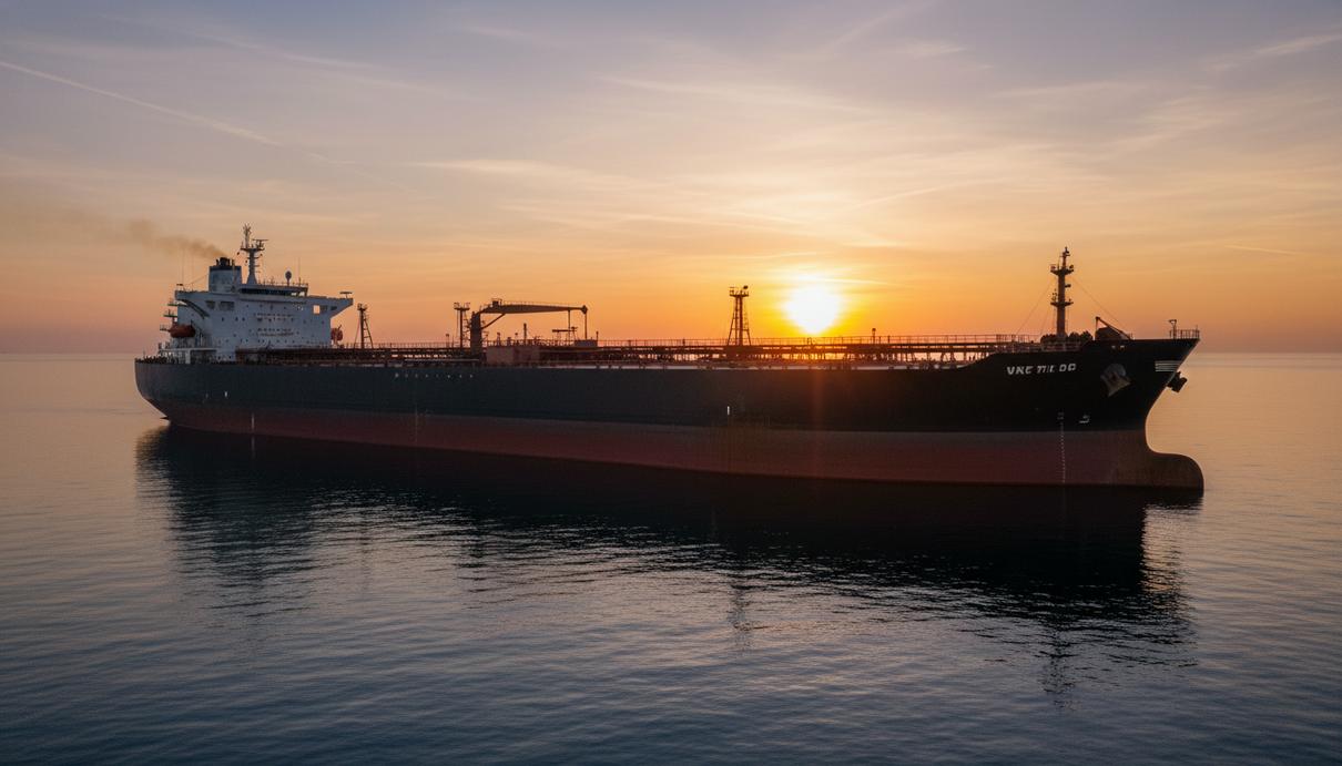 Крупный морской супертанкер в открытом море на закате