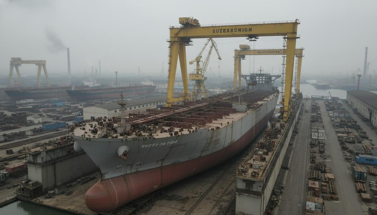 Venergy Maritime: в Китае построят серию танкеров типа Suezmax Корпус крупного танкера в строительном доке верфи среди портовых кранов и металлоконструкций.