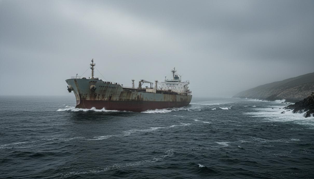 Крупный старый нефтяной танкер со следами ржавчины в неспокойном море на фоне скалистого берега