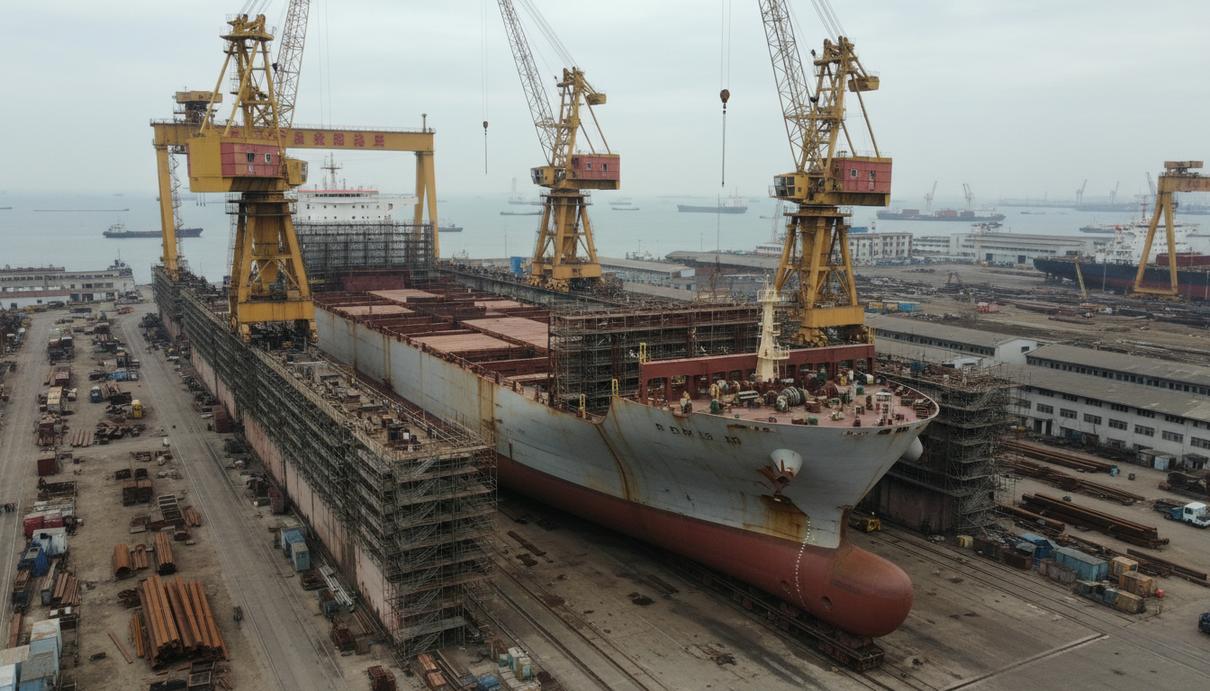 Строительство фидерного контейнеровоза в сухом доке на верфи в окружении строительных кранов