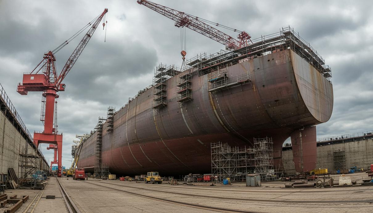 Carlova Maritime: расширение программы строительства танкеров в Азии Строящийся в сухом доке крупнотоннажный танкер в окружении портовых кранов и металлоконструкций