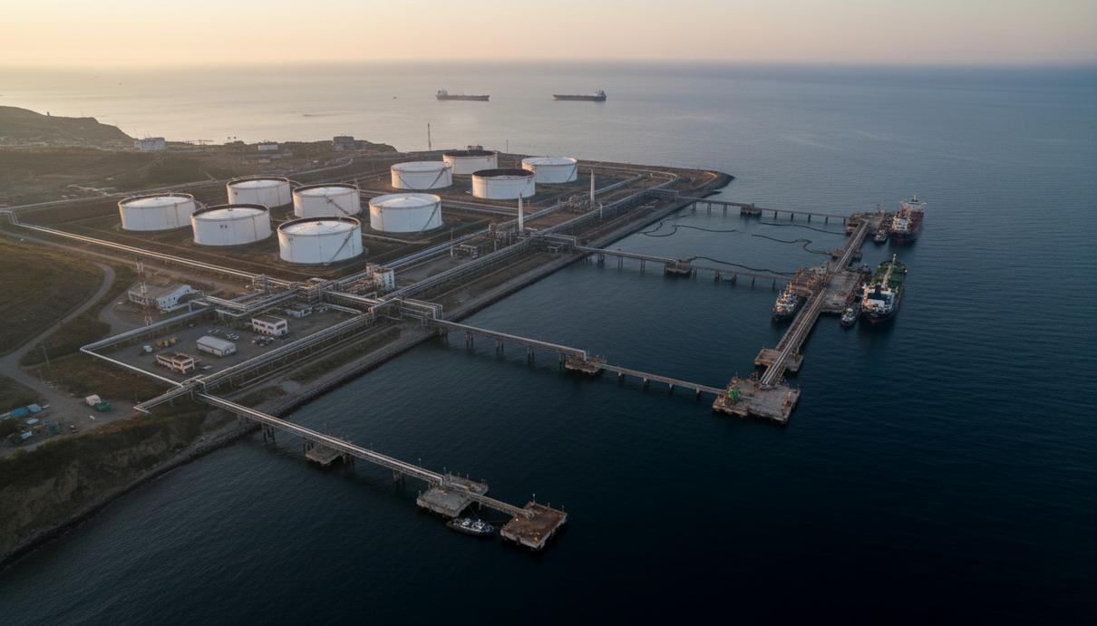 Промышленный вид нефтеналивного терминала на берегу моря с резервуарами и причалами для танкеров.