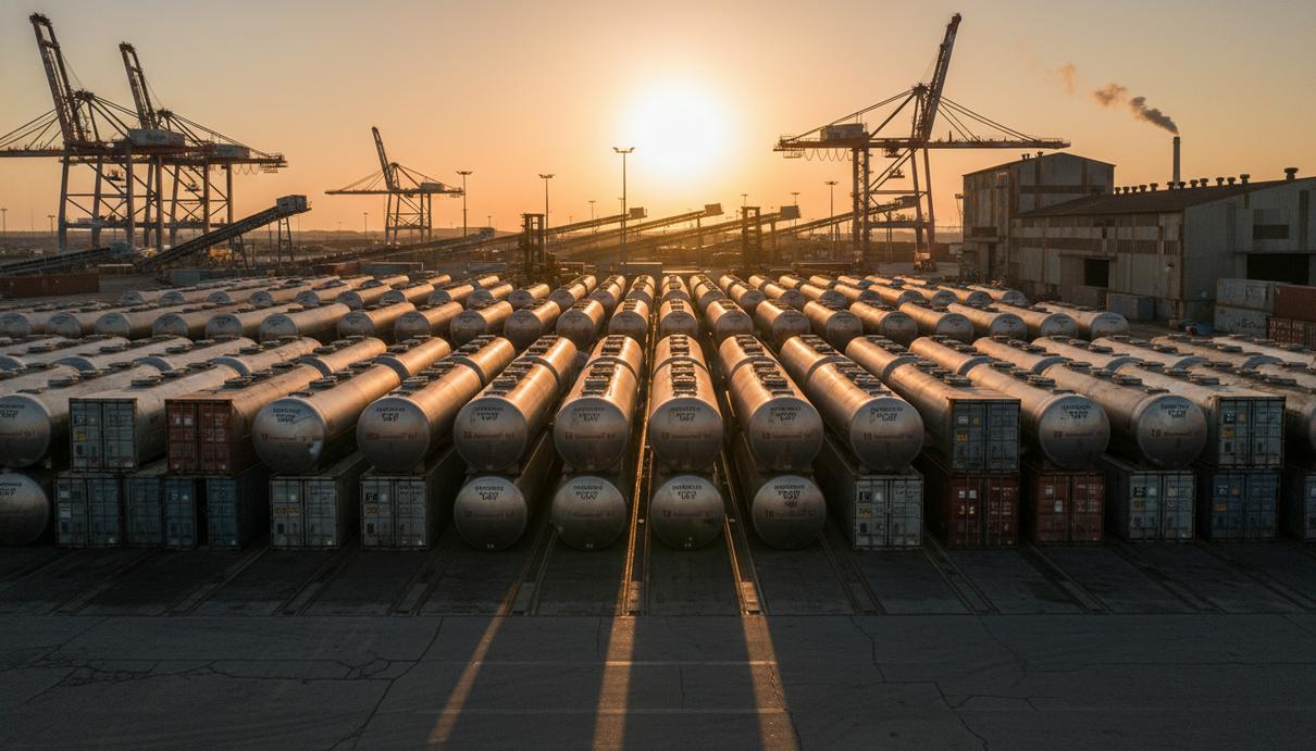 Американская ITE Management приобрела оператора контейнеров CS Leasing Ряды стальных танк-контейнеров на территории логистического терминала в вечернее время