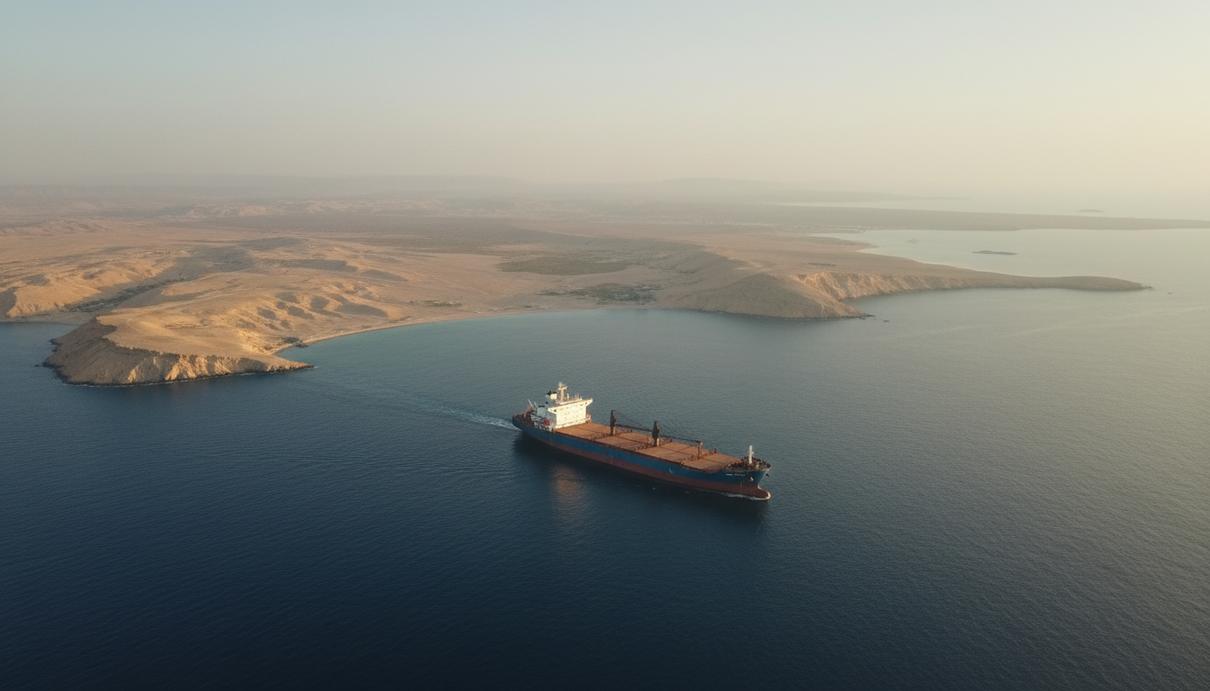 Торговое судно идет через Ормузский пролив на фоне пустынных гористых берегов и дымки