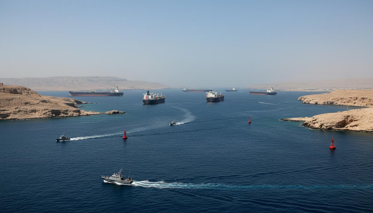 Судоходство в Ормузском проливе остается заблокированным, несмотря на перемирие Военные катера и грузовые суда в Ормузском проливе на фоне гористых островов и спокойного моря.