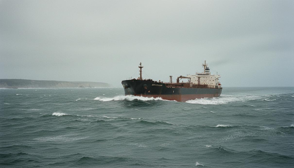 Нефтяной танкер в открытом море у побережья Франции в пасмурный день.