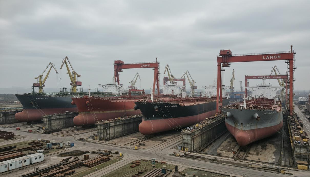 Заказы на новые суда: мировой портфель обновил максимум за 17 лет Крупная судостроительная верфь с танкерами в сухих доках и портовыми кранами на фоне неба