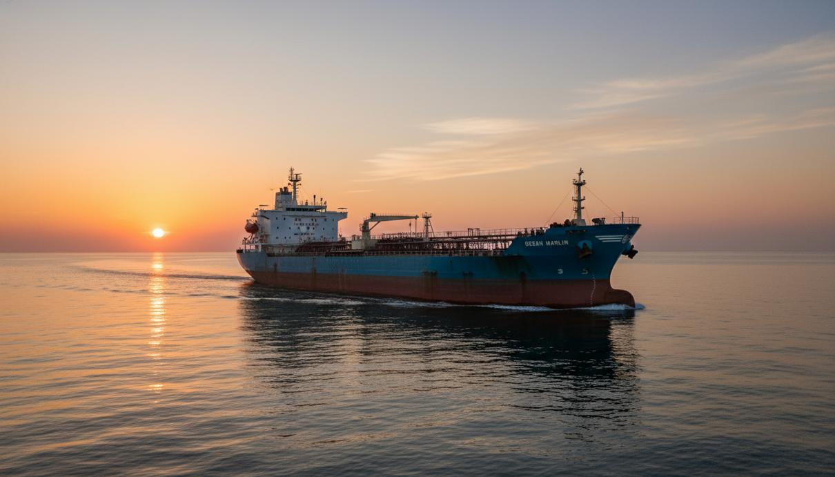 Great Eastern Shipping продает танкеры: программа обновления флота Промышленный танкер-продуктовоз в открытом море на фоне закатного неба