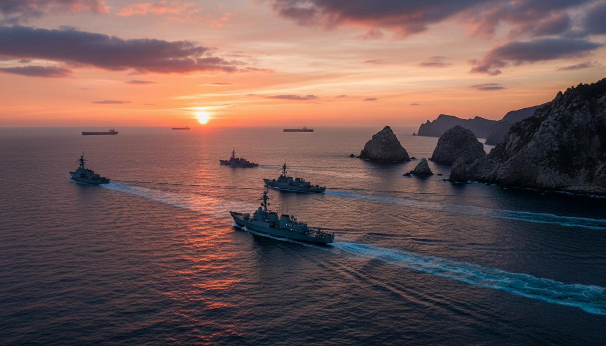 Пакистан предложил возобновить переговоры между США и Ираном на фоне блокады Несколько военных кораблей серого цвета в море на фоне заката и силуэтов танкеров.