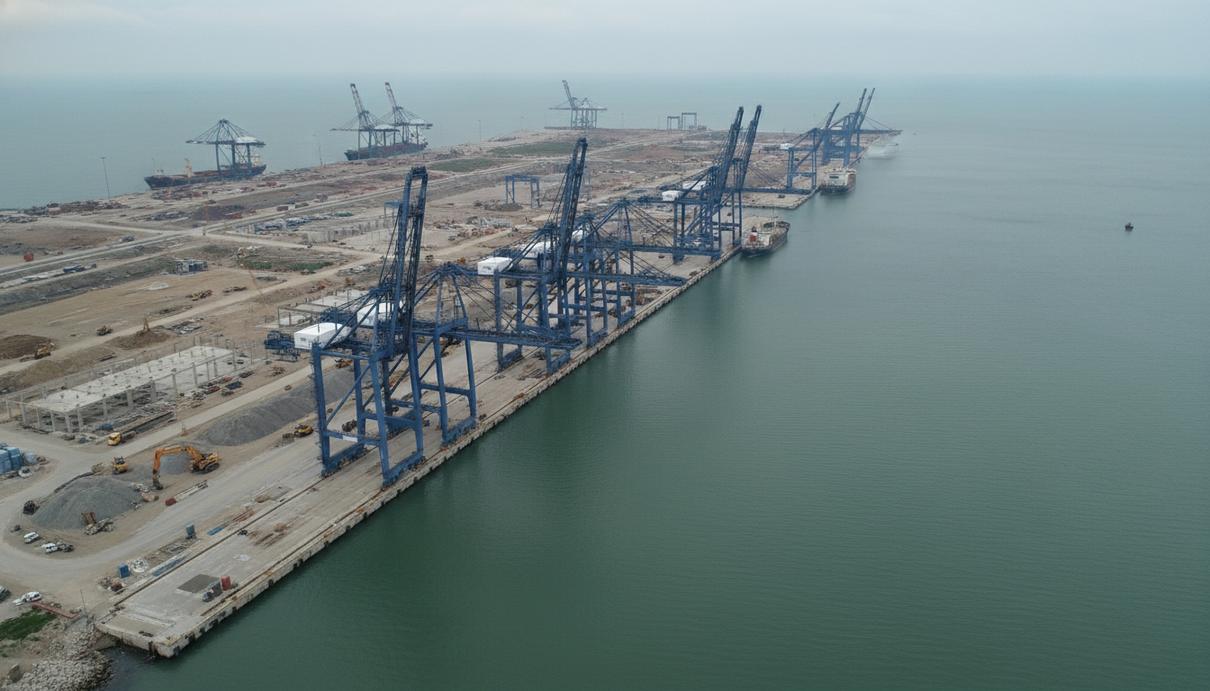 Панорама строящегося морского порта с причалами и рядами контейнерных кранов на побережье Вьетнама