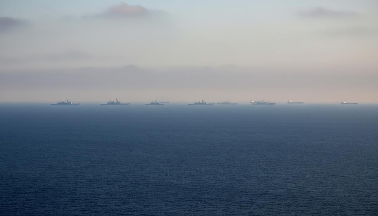 Пакистан предложил возобновить переговоры США и Ирана на фоне морской блокады Военные корабли в море на фоне силуэтов нефтяных танкеров в дымке горизонта.