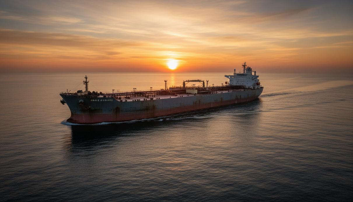 Нефтяной танкер класса VLCC в открытом море на фоне закатного неба