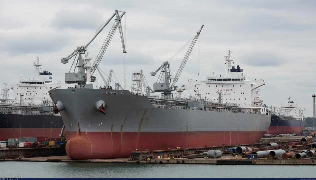 Танкер-химовоз на этапе строительства у причальной стенки промышленной судоверфи.