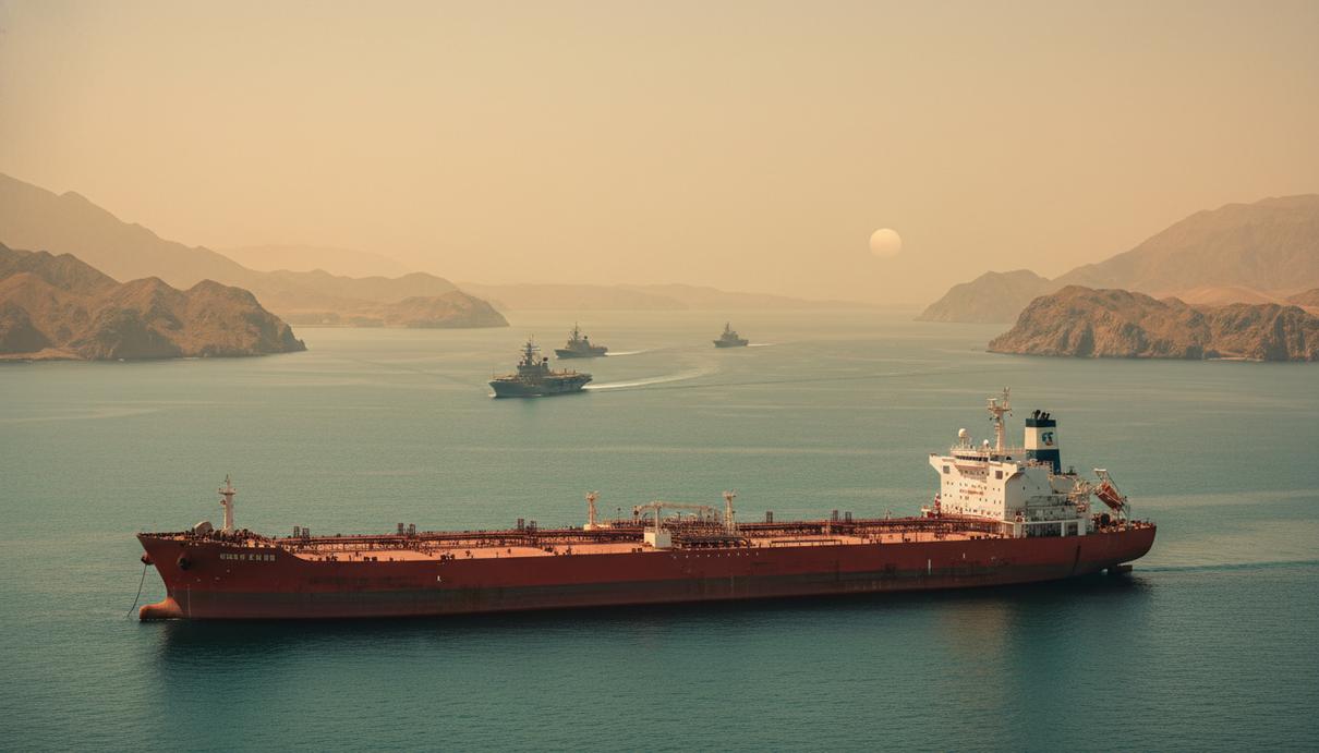 Военные корабли и нефтяной танкер в Ормузском проливе на фоне береговой линии.