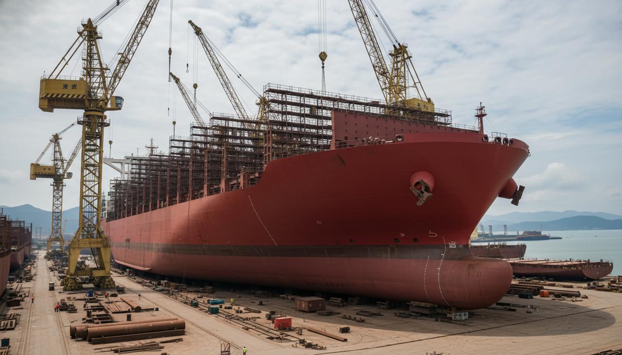 Заказ в Китае: сингапурская Norse Shipholding построит четыре контейнеровоза Корпус нового контейнеровоза на стапелях китайской верфи в окружении строительных кранов.