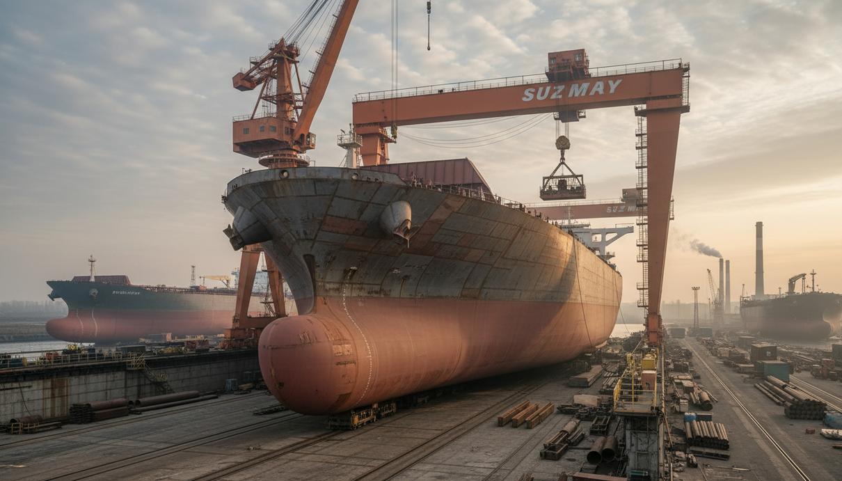 Akrotiri Tankers заказала в Китае первый танкер типоразмера suezmax Крупный нефтяной танкер на этапе строительства в сухом доке на фоне портовых кранов