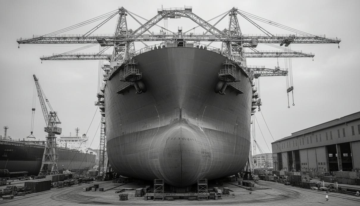 Сверхкрупный нефтеналивной танкер на этапе строительства в сухом доке на фоне портовых кранов