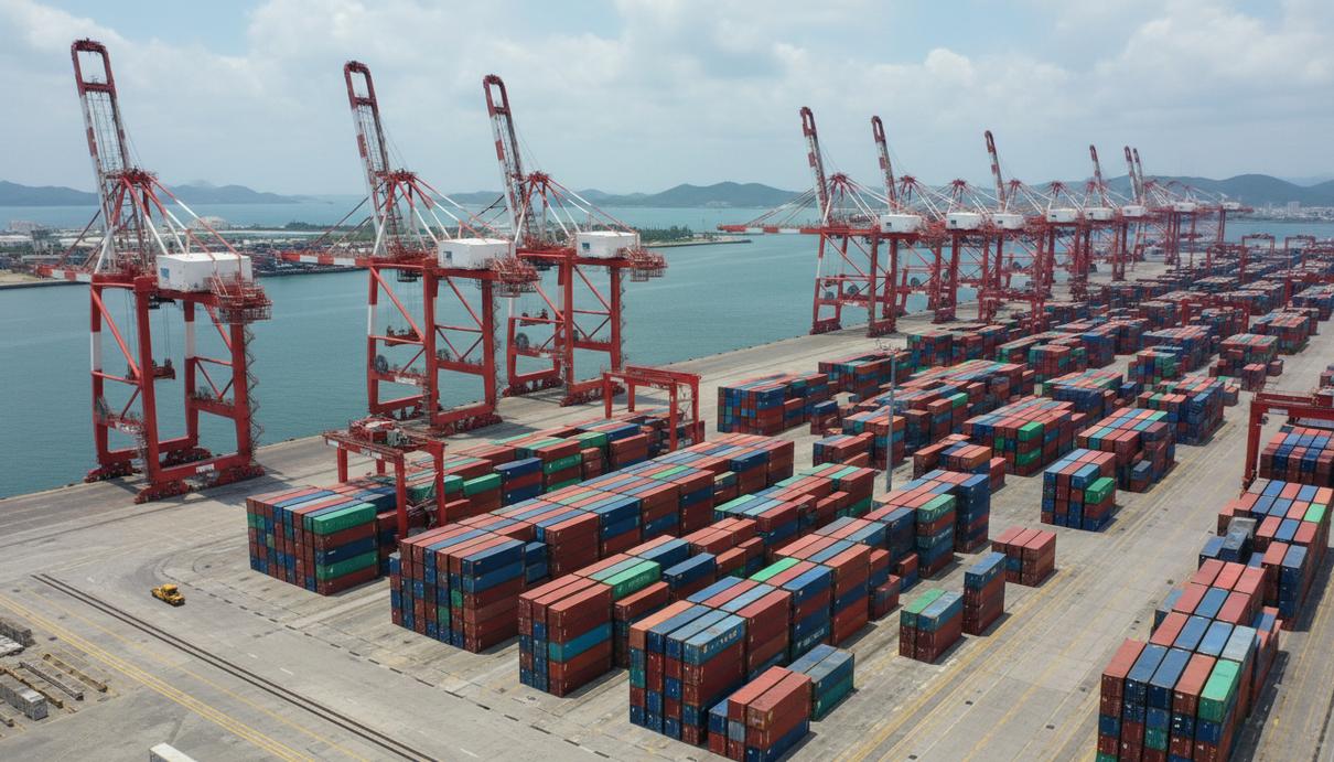 Морской грузовой терминал с портовыми кранами и рядами контейнеров на берегу залива