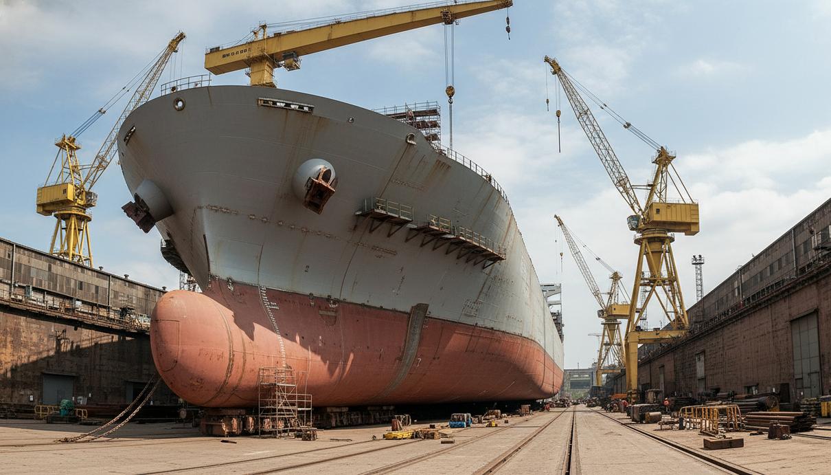 Огромный корпус нефтеналивного танкера в сухом доке на фоне индустриальных кранов