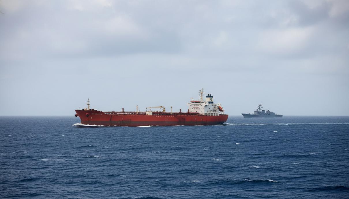 Нефтяной танкер в открытом море и силуэт военного корабля на горизонте под пасмурным небом.