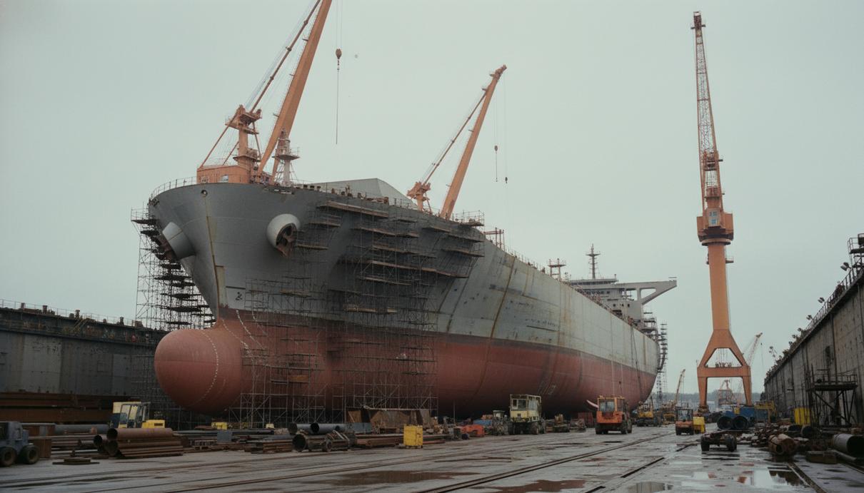 Огромный корпус строящегося танкера в сухом доке на фоне высоких портовых кранов