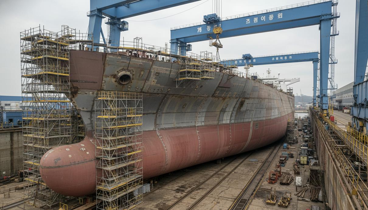Строящийся в сухом доке крупнотоннажный танкер на фоне портовых кранов и промышленных конструкций.