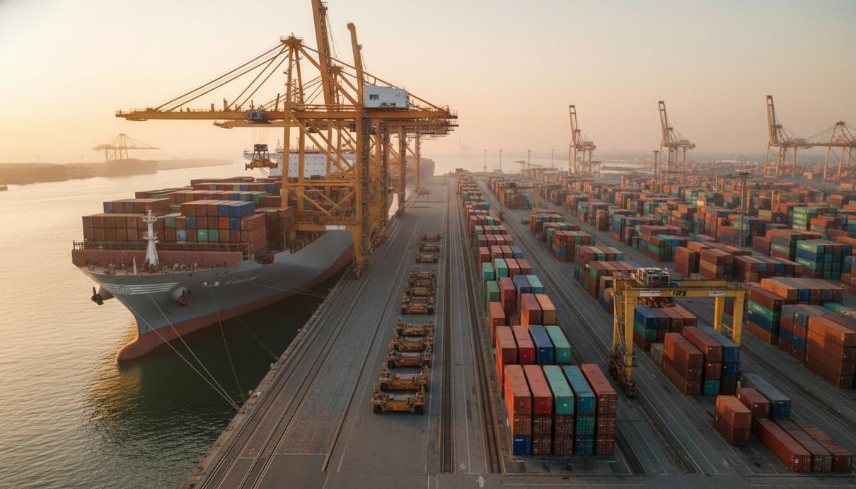 Современный контейнеровоз у причала в промышленном порту на фоне погрузочных кранов и контейнеров