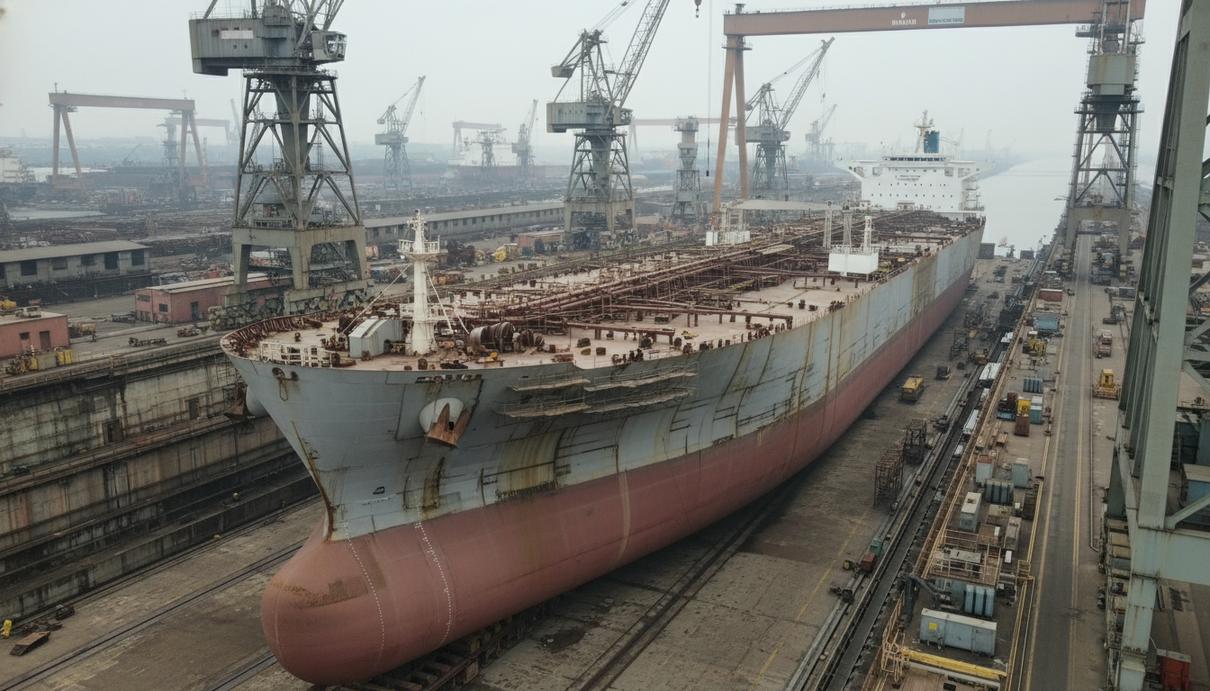 Огромный нефтяной танкер в сухом доке судостроительного завода на этапе сборки корпуса