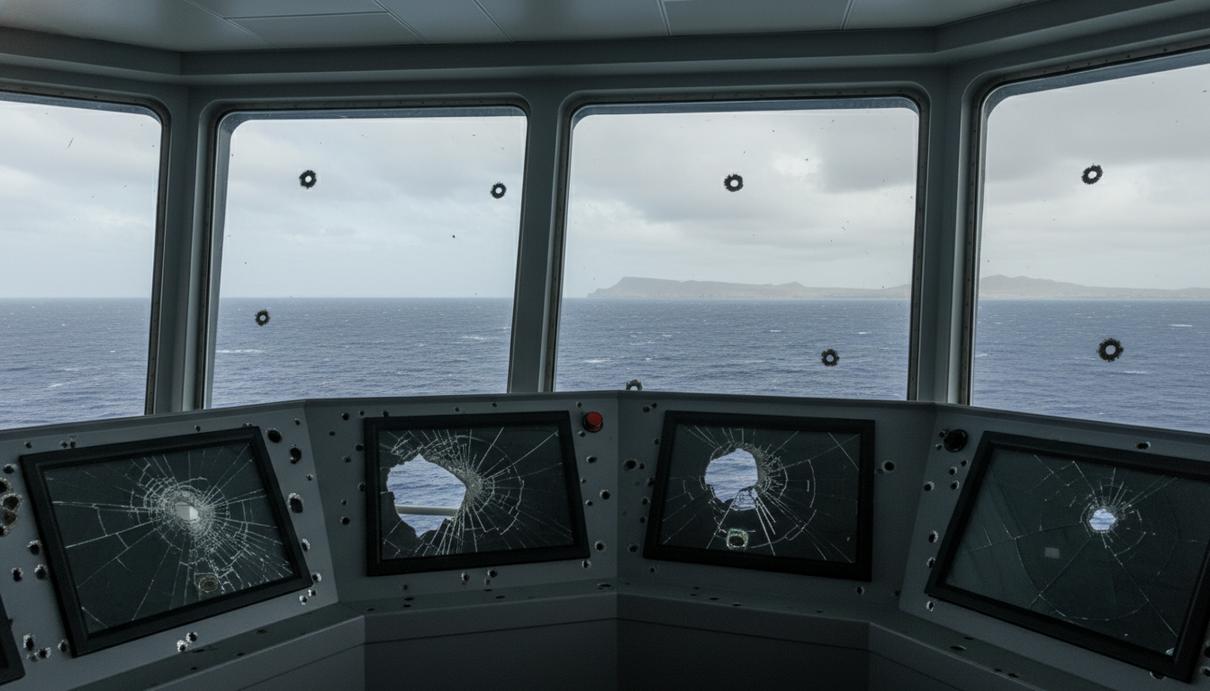 Поврежденный обстрелом ходовой мостик грузового судна в открытом море на фоне береговой линии Омана.