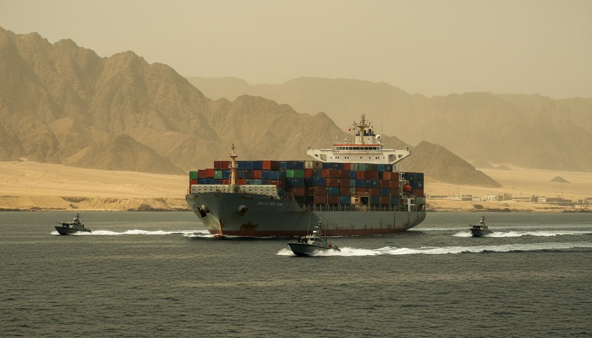 Крупный контейнеровоз в сопровождении военных катеров в море на фоне горного побережья