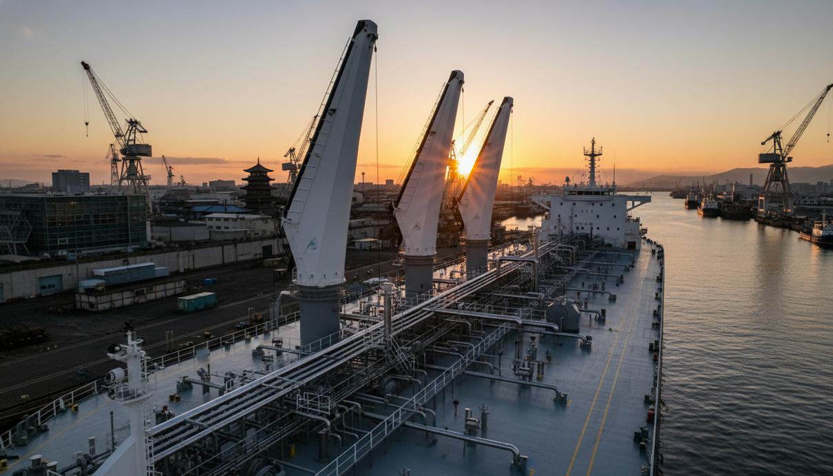 Современный танкер-химовоз с жесткими парусами и палубными коммуникациями на японской судоверфи