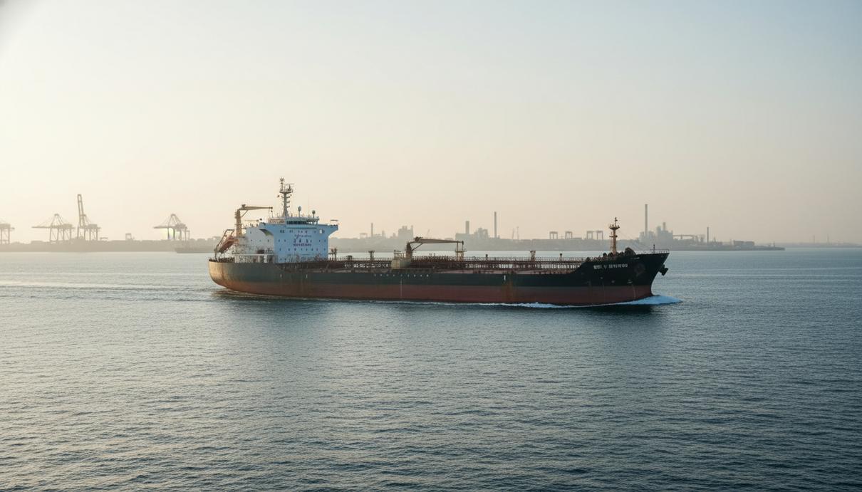 Крупный танкер для перевозки нефтепродуктов в открытом море на фоне береговой линии