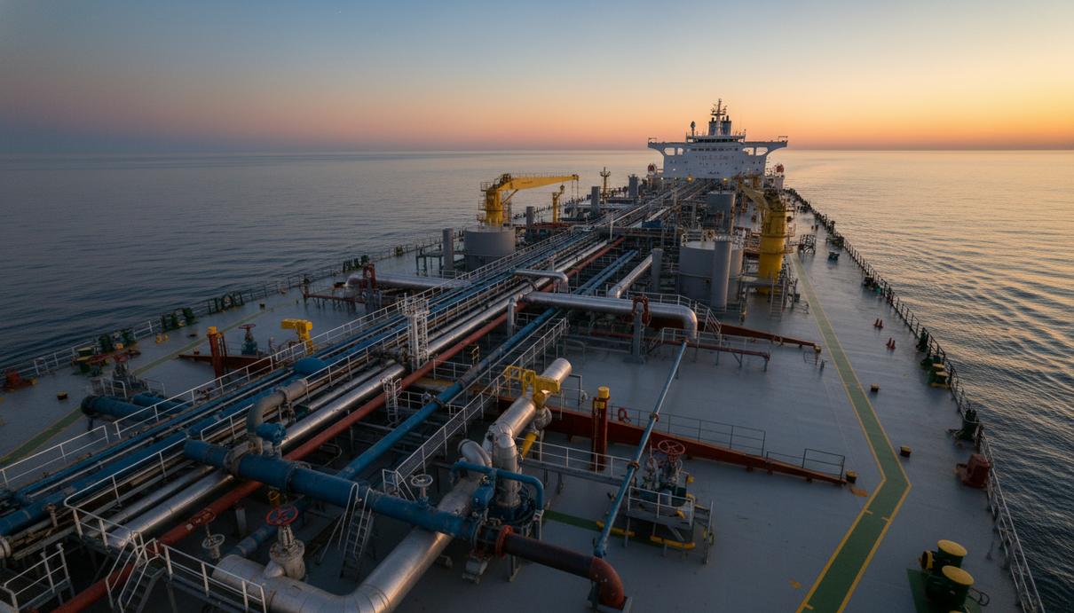 Нефтяной супертанкер класса VLCC в открытом море в лучах заходящего солнца