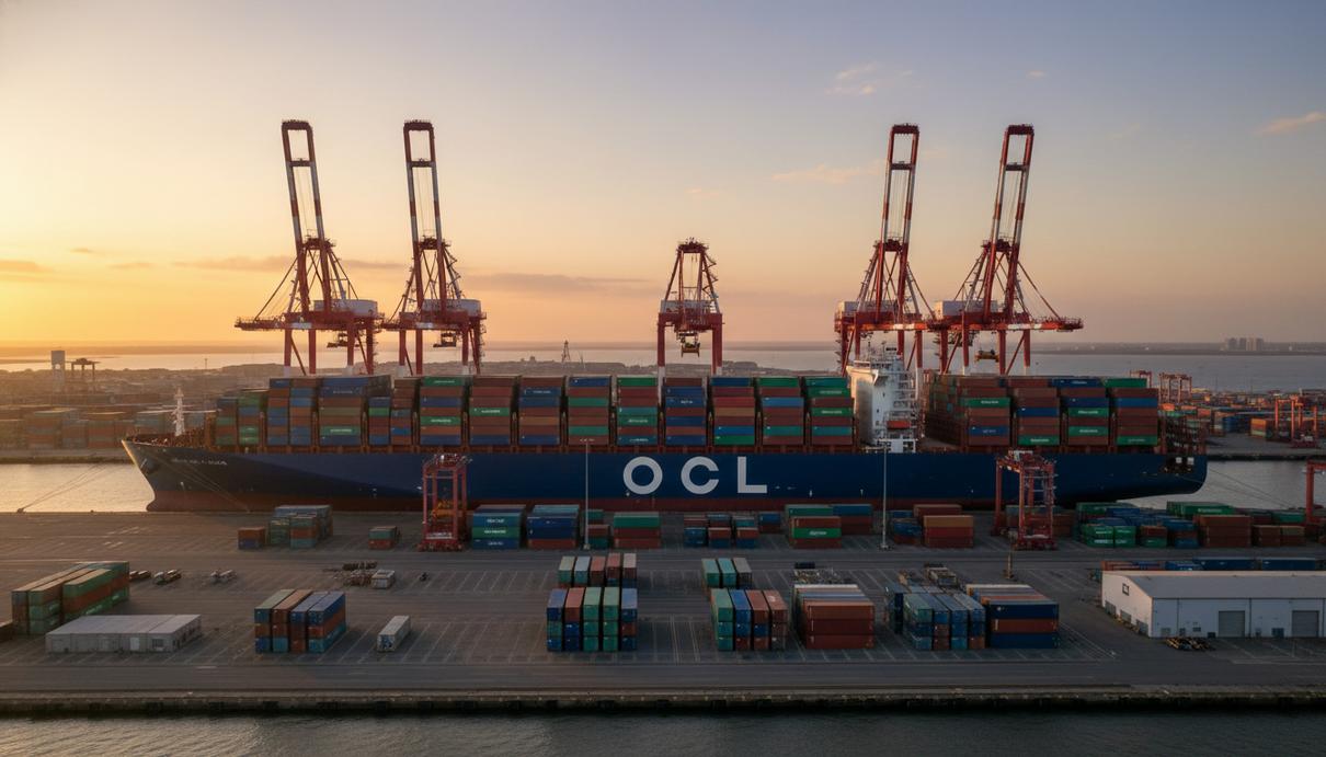 Контейнеровоз OOCL в морском порту под погрузочными кранами на фоне штабелей контейнеров