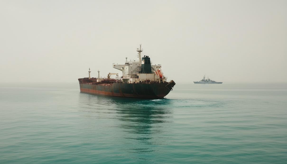 Нефтяной танкер в Оманском заливе с поврежденным рулевым механизмом на фоне спокойного моря.