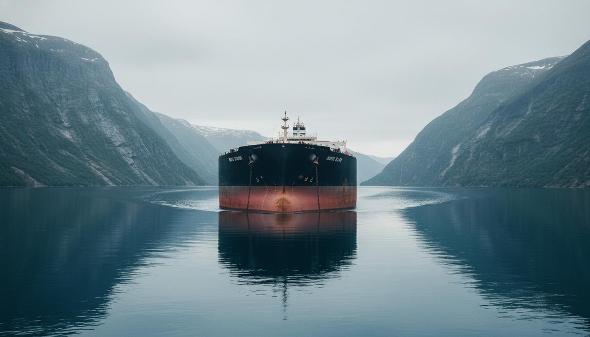 Сверхкрупный нефтяной танкер на якоре в спокойных водах норвежского фьорда под пасмурным небом